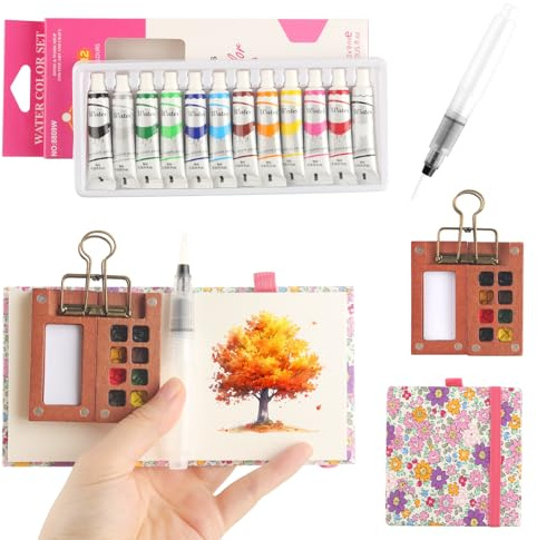 Mini Aquarell Travel Set 12 Farben, Tragbares Holz Malpalette Malkasten | mit Aquarellpapier Aquarellpinsel Stiftel Clip, Wood Pocket Artist Aquarell-reiseset für Künstler, Outdoor Skizze, Anfänger