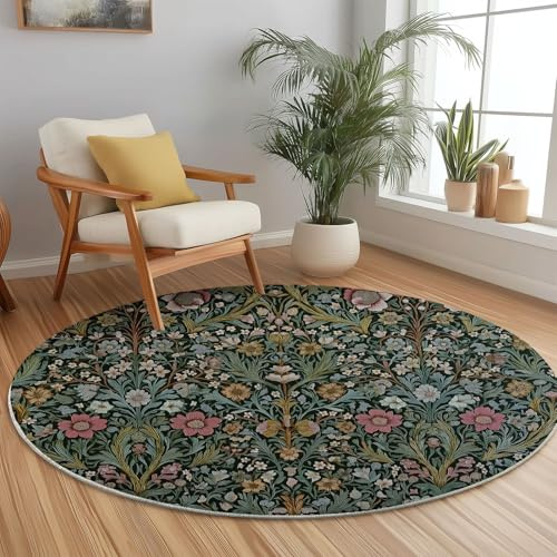 Runder Teppich 140 cm im William Morris Stil, Floral Botanischer Rundteppich Dunkelgrün mit Blumenmuster, Weicher Plüsch Teppich für Wohnzimmer, Schlafzimmer & Kinderzimmer, Waschbar und rutschfest