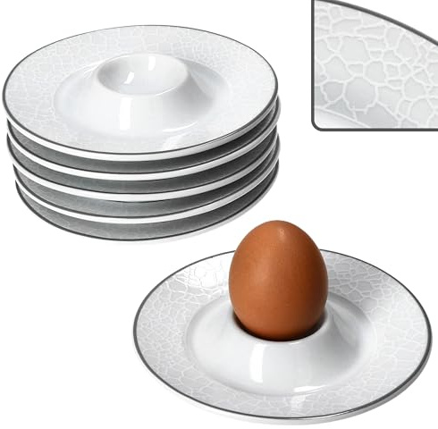 MamboCat 6er Set Venedig Eierbecher mit Ablage I für 6 Personen I runde weiße Porzellan-Eierbecher mit Relief & Grauer Linie I Flache Eierbecher für Frühstück & Brunch
