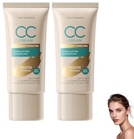 CC Creme zur Hautverfeinerung 30g×2, natürliche Aufhellung, ebenmäßiger Teint, leichtes Textur & langanhaltend, inklusive 2 Mini Daumenpuffs (Elfenbein)