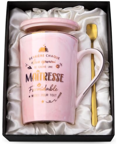 Cadeau Maitresse d'école, Cadeau Maîtresse Professeur,14oz Mug en Céramique | 5pcs avec Cuillère, Couvercle, Carte, Coffret Cadeaux Élégant, Cadeau Maitresse Fin d'année, Cadeau Atsem, Céramique Premium