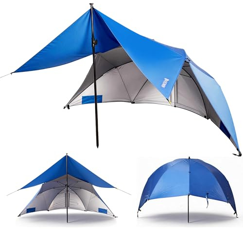 HOMEDEMO 3-in-1 Sonnenschirm & Strandzelt, Strandmuschel Pop up mit Sonnendach Ø 290cm, UV50+ Sonnenschutz Windfest Strandschirm Wasserabweisend mit Fenster für 3-4 Personen