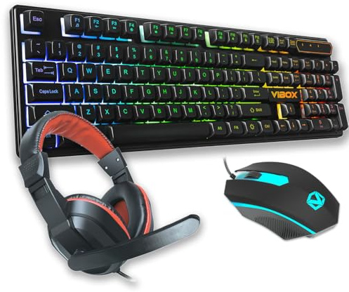 Vibox Gaming 3-in-1 Bundle V1 | LED-Hintergrundbeleuchtung, UK-Layout-Tastatur, RGB-Maus, Headset (schwarz)