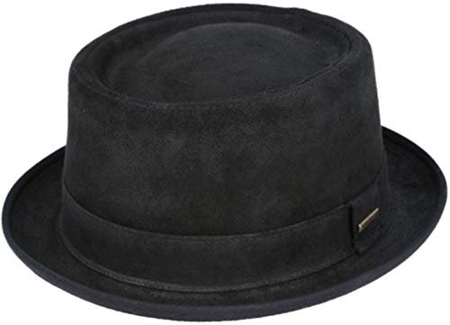 Gladwin Bond Pork Pie Hut, handgefertigt, 100 % Schaffell mit Futter, für Herren und Damen, Winter und Sommer, Leder, Schwarz, Größe L 59 cm, Schwarz , 7 1/4