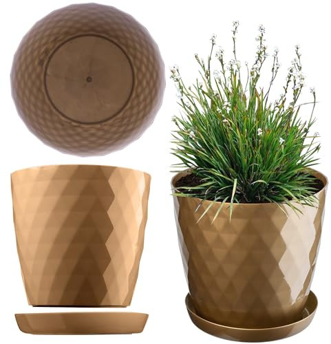 KADAX Pot de Fleurs en Plastique avec Soucoupe Intégrée, Pot de Plante pour Une Décoration Florale Moderne dans l'espace Interieur (14 cm, Or)