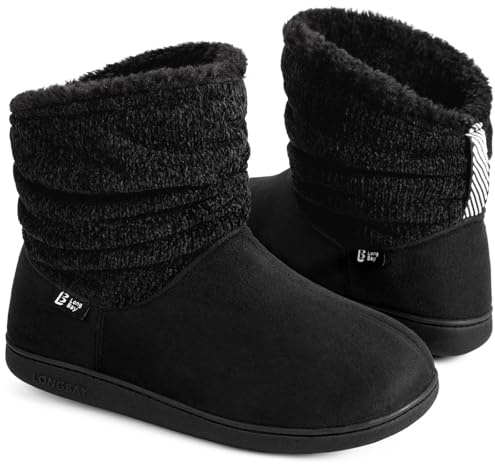Longbay Women's Warm Chenille Knit Bootie Slippers Memory Foam Comfy Suede Fluffy Faux Fur Memory Foam Boots House Shoes (Medium / 7-8, Black)