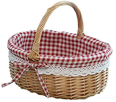 Uposao Handgemachte Natürliche Weidenkorb Mit Griff, Handgemachte Korb Henkelkorb Einkaufskorb Bügelkorb Weide Autokorb Korb Obstkorb mit Stoffeinlage für Hochzeit Tischdeko Landhausstil Deko