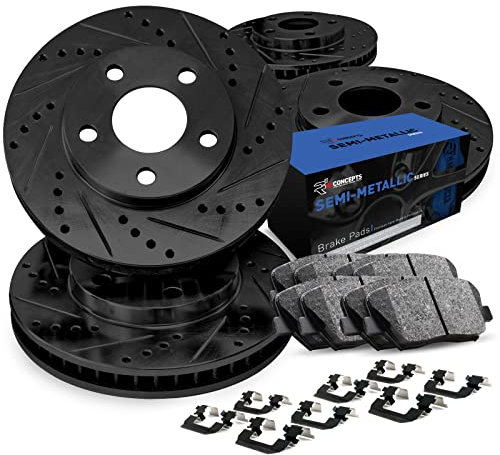 R1 Concepts Front Rear Brakes and Rotors Kit |Front Rear Brake Pads| Brake Rotors and Pads| Semi Metallic Brake Pads and Rotors |Hardware Kit|fits 2004-2013 Volvo C30, C70, S40, V50