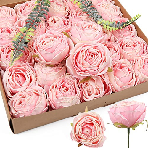 IPOPU Künstliche Rosen mit Stielen, Rosa, 25 Stück, getrocknete rosa Blumen, künstliche Rosen mit Stielen, künstliche Blumen für Brautparty, Dekorationen, Seidenblumen, Großarrangements (Rosa)