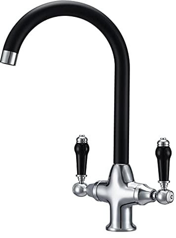 Kitchen Mixer Sink Tap with Black Ceramic Dual Lever Traditional Monobloc Kitchen Faucet with 360 Swivel Spout Chrome and Matte Black Victorian Style Mixer Taps 1 Hole Vintage