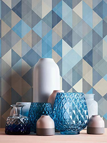 Papier peint graphique bleu, beige et gris Tapisserie tendance à motif géométrique Papiers peints modernes idéal pour chambre d'ado