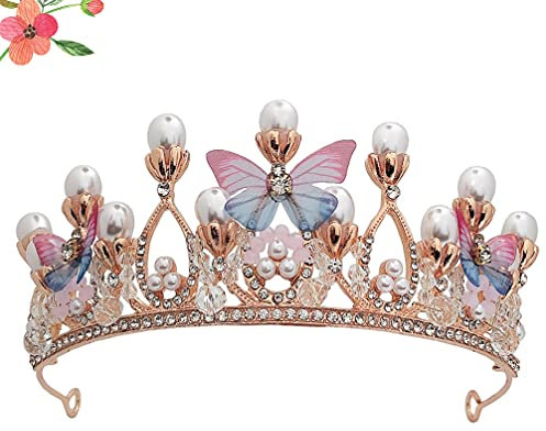 LALAFINA Schmetterling Prinzessin Krone Perle Crystal Tiara Stirnband Strasskönigin Kronhochzeit Kopfbedeckung für Kinder
