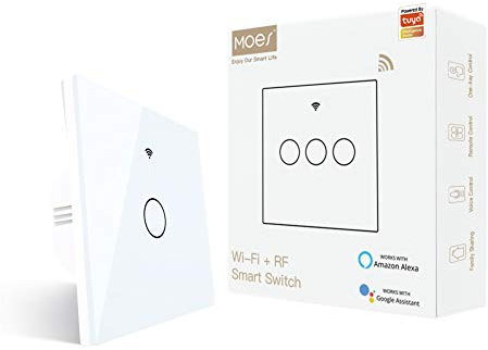 MOES Wlan Lichtschalter Smart Touch Switch Kein neutraler Draht erforderlich Wireless Smart Home Switch Arbeiten mit Smart Life/Tuya App, Alexa Google Home 1 Gang Weiß