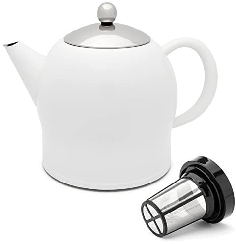 Bredemeijer doppelwandige Teekanne 1.4 Liter - matt weiße Edelstahl Kanne & Tee-Filter-Sieb-Aufsatz - ideal für losen Tee