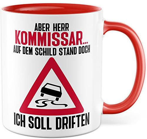 Auto Tasse lustig Driften Kaffeetasse Autoliebhaber Geschenk Sportwagen Witz Kaffee-Becher Autofan Geschenkidee Burnout Straßenschild Motiv Kommissar (Weiß/Rot)