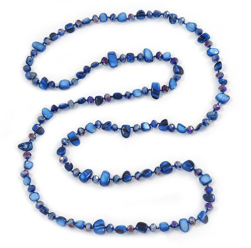 Avalaya Royal Blue Shell Nugget and Glass Crystal Bead Long Necklace/ 110cm Long