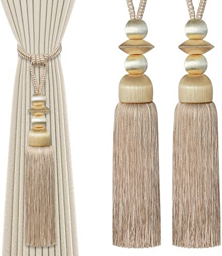 Quaste Vorhang Raffhalter, Vorhang Raffhalter Seil Handmade Boho Dekorative Lange Ohne Bohren Vorhang Raffhalter Vorhänge Halter Quaste Raffhalter für Große und Schwere Vorhänge (Champagner, 2er Set)