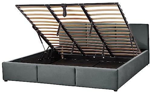 Beliani Bett Samt Dunkles Grau mit hohem Kopfteil Lattenrost 180x200cm Bettkasten Bousse