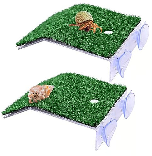2 Stück Simulation Rasen Plattform für Einsiedlerkrebs mit Saugnapf Kletterleiter Reptil Simulierte Rasen Landschaftsbau für Schildkröten Frösche Molche Salamander 14x8x3,7 cm