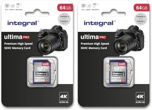 Integral 64 GB SD-Karte 4K Ultra-HD-Video High Speed SDXC V30 UHS-I U3 Class 10 Speicherkarte bis zu 100 MB/s, Farbe kann variieren (Packung mit 2)