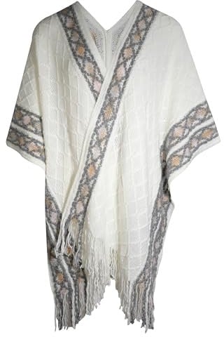 ZLYC Damen Weiche Schlichte Poncho Capes Retro Cardigans Pullover(Plain White)