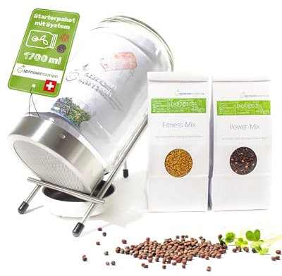 biosprosser Sprossenglas Set mit Starterpaket - Fitness-Mix 250g & Power-Mix 250g - Keimglas für Sprossen - inkl. Sprossenglas Deckel, Ständer & Sieb (1700ml)