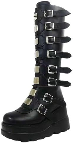 ticticlily Stivali Donna Stivali con Plateau Punk Gotico Zeppe Stivali Alti al Ginocchio Stivali Goth Stivali Invernali Stivali da Cavaliere con Cerniera Stivali con Tacco Grosso F Nero 42 EU