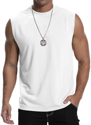 MLANM Men's Vests Tops Sleeveless Round Neck Rolled Up Casual Loose Tank Tops, Lightweight Muscle Gym Summer Men's Sleeveless T-Shirt, 100% Polyester, Translucent White XXL