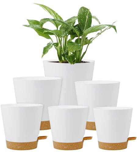 Homeuouz 6 Pack Plastic Plant Pots,Self Watering Plant Pots Indoor,20/17.5/16.5/15/14/12.5CM,Medium Flower Pots with Drainage Holes Saucer and Reservoir for All House Plants(White)