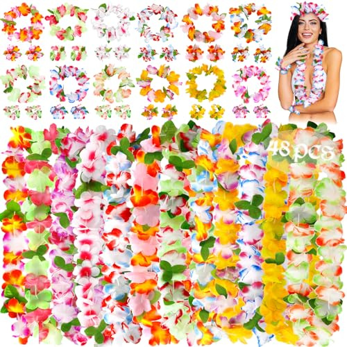 ZHHGOO 48 Stück Hawaii Necklace Flower Garlands, Elastischen Stirnbänder und Armbänder, Hawaiian Leis Set für Tropische Motto-Partys Dekorationen Strand Party Dekor