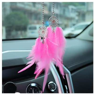 JNNJ Auto Spiegel Hängende Zubehör, Niedlicher Auto Rückspiegel Hängende Ornament, Dreamcatcher Feder Traumfänger, Innen Dekoration Anhänger für Frauen(Rosa)