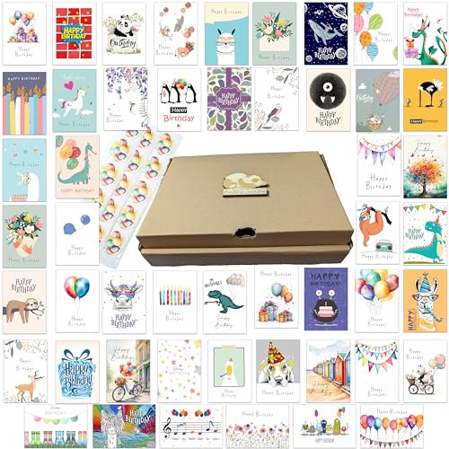 the lazy panda card company 50 beliebte Geburtstagskarten mit Aufklebern und Umschlägen aus Recyclingpapier, Multipack-Set (50 beliebte Mix)