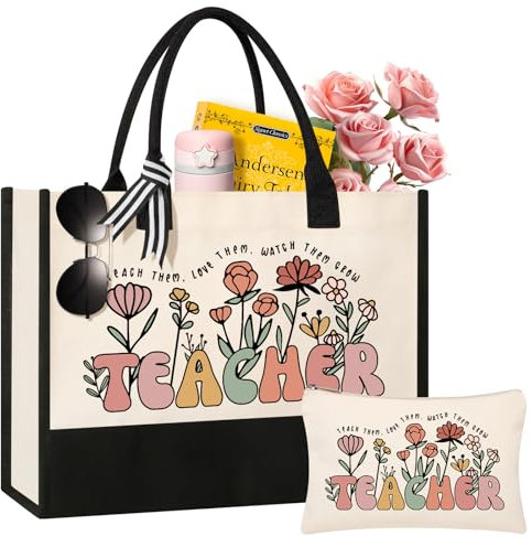 Tecanne Dankeschön-Geschenkset für Lehrer, Canvas-Tasche und Make-up-Tasche für Frauen, Geschenk zum Schuljahresende, Lehrertasche, groß