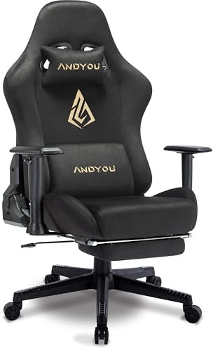 Andyou Gaming Stuhl, Ergonomischer Gaming Stuhl mit Fußstütze, Atmungsaktiver PC Stuhl mit verstellbare Lendenkissen, Kopfkissen und Armlehnen, 150 kg Belastbarkeit Drehsessel, Schwarz