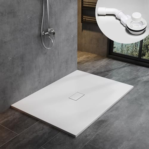 WITEN&NOCK SMC Duschwanne 140x100cm weiß Brausewanne Duschtasse extra flache Steinoptik Antirutsch inkl. Abdeckung und Ablaufgarnitur Ø90mm Siphon