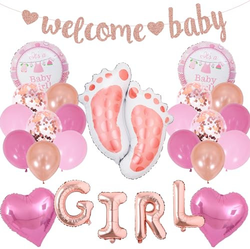 Baby Shower Dekoratione Mädchen Rosa - 38 Stück Babyparty Deko, Welcome Baby Glitzerbanner, Fußfolienballons, Herzen Und Runde Folienballons für Mädchen Baby Shower Gender Reveal Party Dekoration