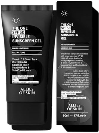 Allies of Skin - The One SPF 50 Invisible Sunscreen Gel with Vitamin C, Green Tea, Carrot Seed, Red Raspberry Seed Oil & Licorice Root, and 5 Antioxidants & Skin Conditioners. 50 ml/ 1.7 oz
