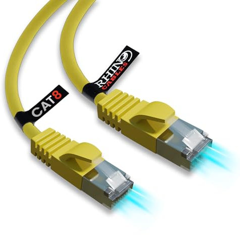 rhinocables CAT 8 20m Yellow Extra Long Ethernet Cable | 40Gbps, 2000MHz Bandwidth, For Fast Gaming, Streaming & Browsing | Zero Lag With Maximum Reliability | For PS5, Xbox & Routers (Pack of 3)