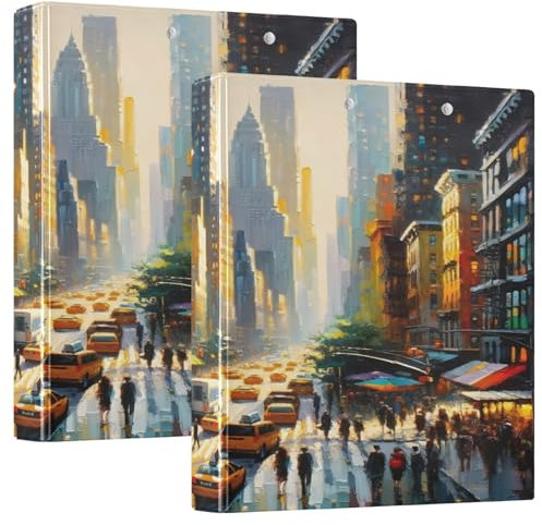 Mnsruu New York Street Ölgemälde-Kunstwerk, 3-Ringbücher mit 3 transparenten Innenfächern, Klemmbrett, vielseitige Ordner, 200 Blatt, für Büro, Zuhause, Schule, 2 Stück