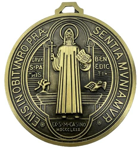 CLXLYU Medaille mit St. Benedikt-Kreuz, 12,7 cm, Vintage-Messing-Ton, für Wand oder Schreibtisch, Medaille de San Benito, goldfarben