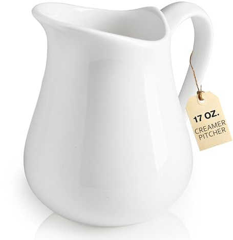 LYEOBOH Creamer 17 OZ Creamer Pitcher - Ceramics Creamer with Handle, Sauce Pitcher, White Coffee Creamer Pitcher, Milk Pourer for Home Kitchen Microwave & Freezer Safe