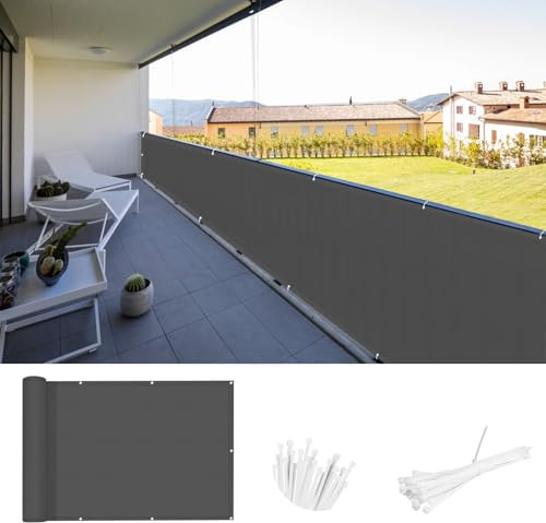 SUNNY GUARD Balcon Privacidad 90x400cm Pantalla para Balcón Jardín Protección de Privacidad,Protección UV,Impermeable,a Prueba de Viento,Adecuado para balcons Jardines terrazas,Antracita Oscuro