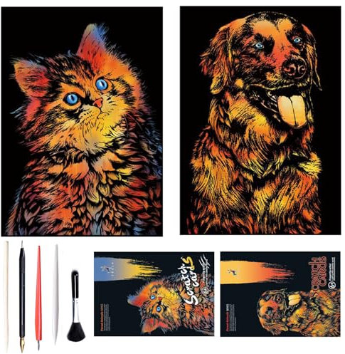 Georgie Porgy Kratzbilder Set DIY Bastelsets für Kinder Erwachsene Magic Rainbow Scratch Paper A3 Tier Kratzpapier für Weihnachten Geburtstagsgeschenk mit Kratzwerkzeuge Kit (A3-Katze + Hund)