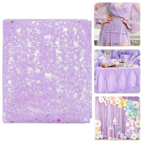 SLTAXAR Tüllstoff Glitzer Lila Dekostoff mit Sternen Sparkly Stoff 160 * 200cm Glitzer Tüll Tüllband Deko Stoffe Glitzer Garn Tüll Weich und Fein Dekoband für DIY Bekleidung Deko Weihnachten Hochzeit