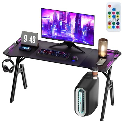 XMTECH Escritorio LED para Videojuegos, 140 x 60 cm, Mesa Gaming, PC, Marco con Superficie de Fibra de Carbono, Estable, Mesa para Gamer con Soporte para Bebidas y Gancho para Auriculares, Color
