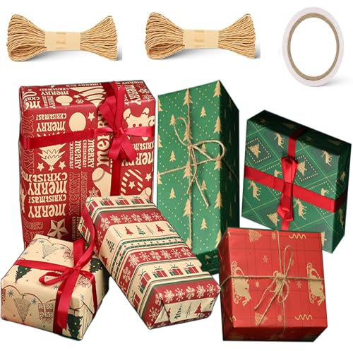 Carta Regalo Natale 70 x 50 cm Set 6 Fogli Rotolo Carta Regalo per Natale Donna Uomo Femmina Ragazze Ragazzi