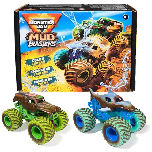Monster Jam Mud Blasters Grave Digger & Megalodon 2-Pack | Includes 2 Color Change Trucks, Dunk in Water to Reveal Clean Trucks, Exciting Pretend Play, Toys for Ages 3 and Up
