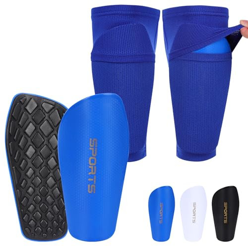 Fußball Schienbeinschoner einschließlich Strumpf mit Einstecktasche und Anti-Rutsch Ärmel Schienbeinschoner Fußball für Kinder Jugendliche Erwachsene (Blau, M)