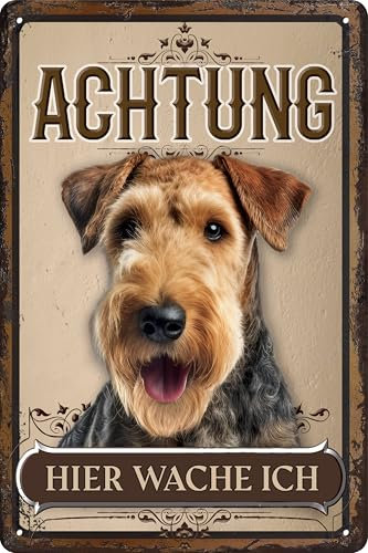 30 x 20 cm wetterfestes Blechschild, Warnhinweis, Torschild, Achtung, hier Wache ich! Warnung vor dem Hund (Airedale Terrier)