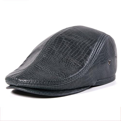 SYXSM Lederhut für Herren, Leder Schiebermütze, Newsboy-Mütze mit Ohrenklappen, Hut aus Krokodilleder, Flatcap, Warm, Ohrenschutz,Schwarz,L